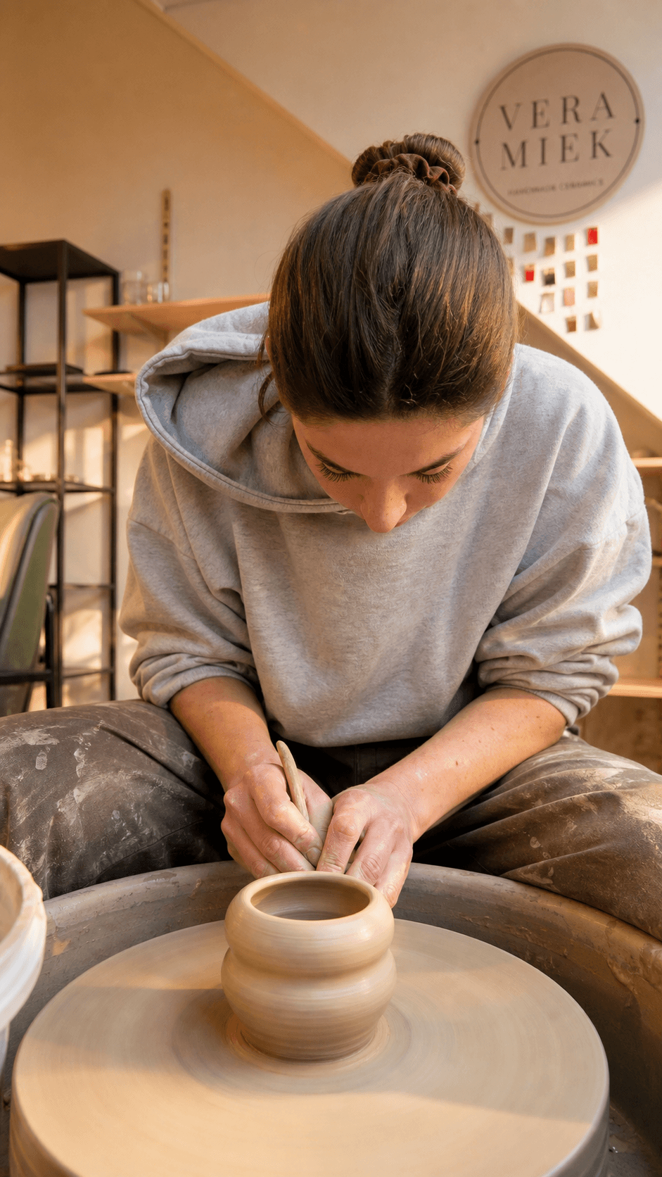 Vera aan de draaischijf in haar atelier